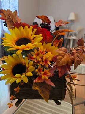Faux Flowers in A Wood Log Table Decor 16"